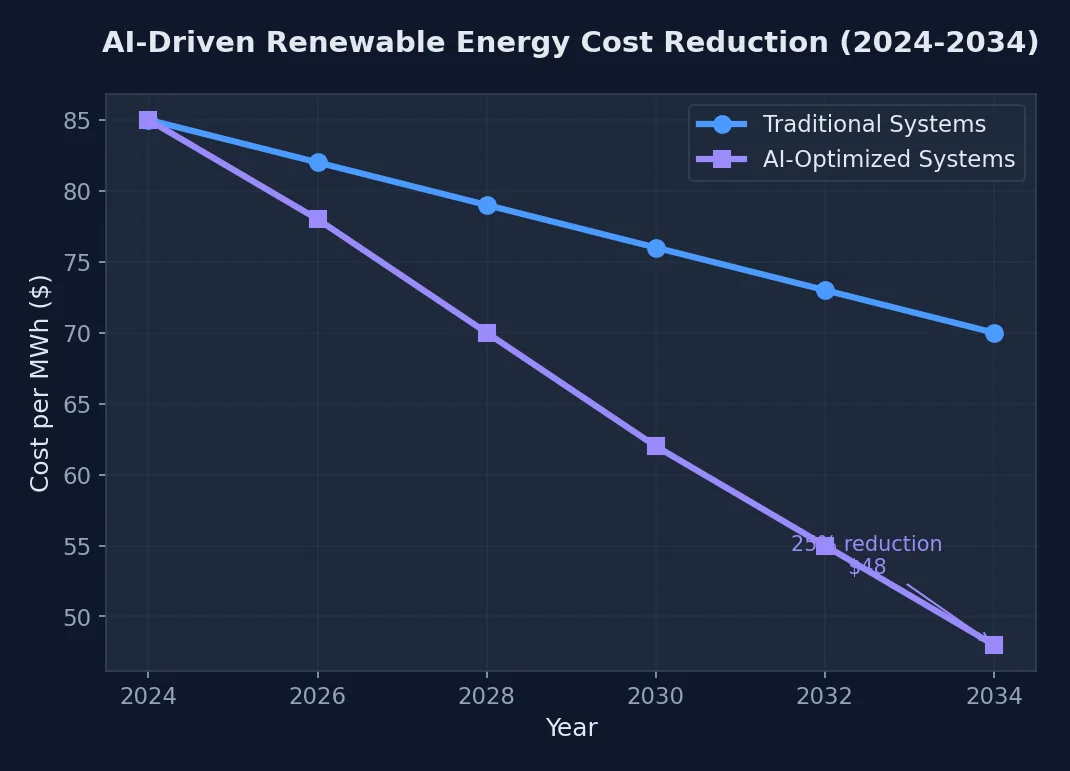 Line chart showing the projected decline in renewable energy costs from 2024 to 2034, with AI-optimized systems achieving 25% cost reduction compared to traditional systems
