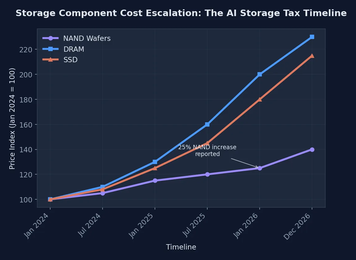 Line chart showing projected storage cost increases from 2024 to 2026, with NAND, DRAM, and SSD prices rising dramatically