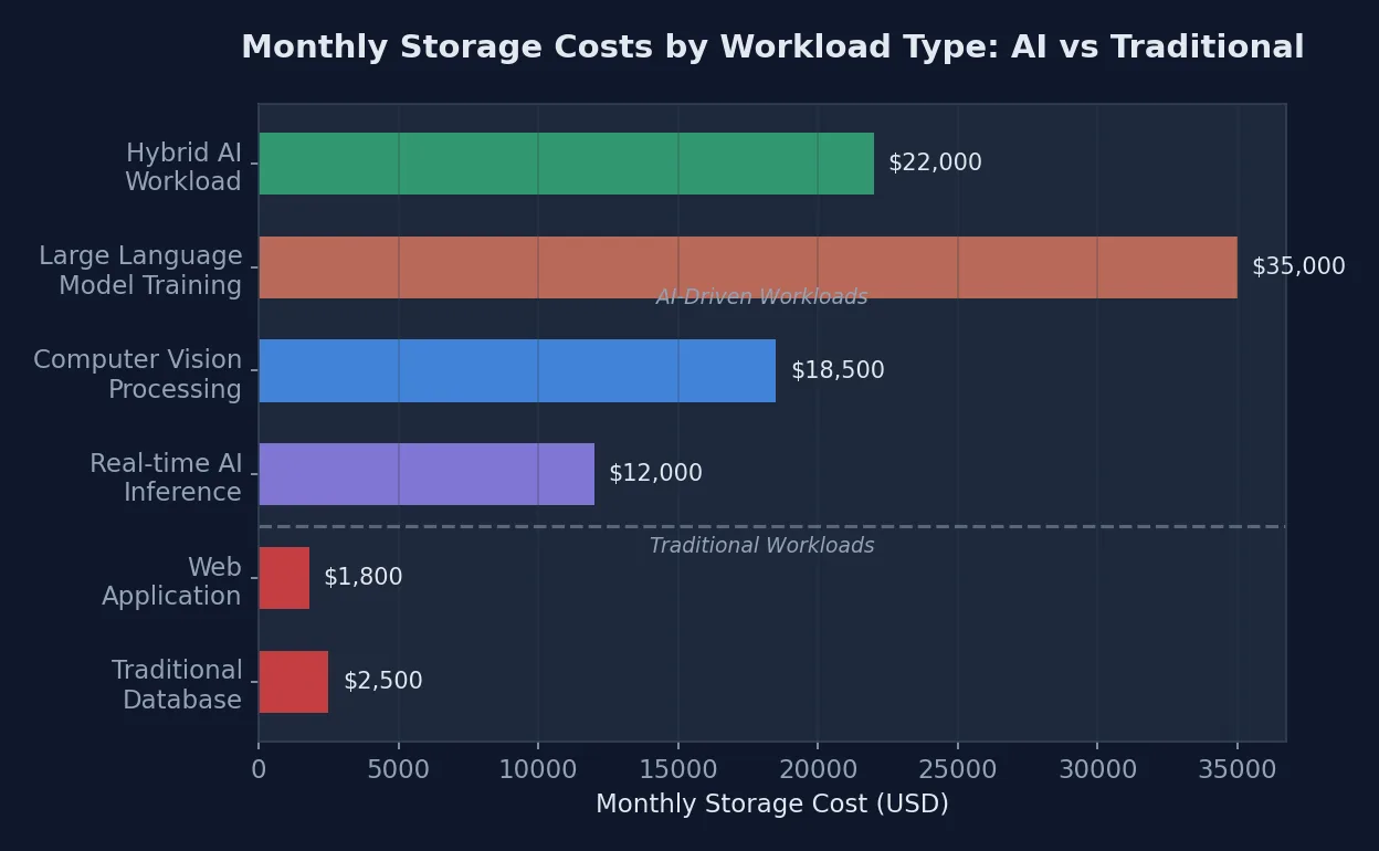 Horizontal bar chart comparing monthly storage costs across different AI workload types versus traditional workloads