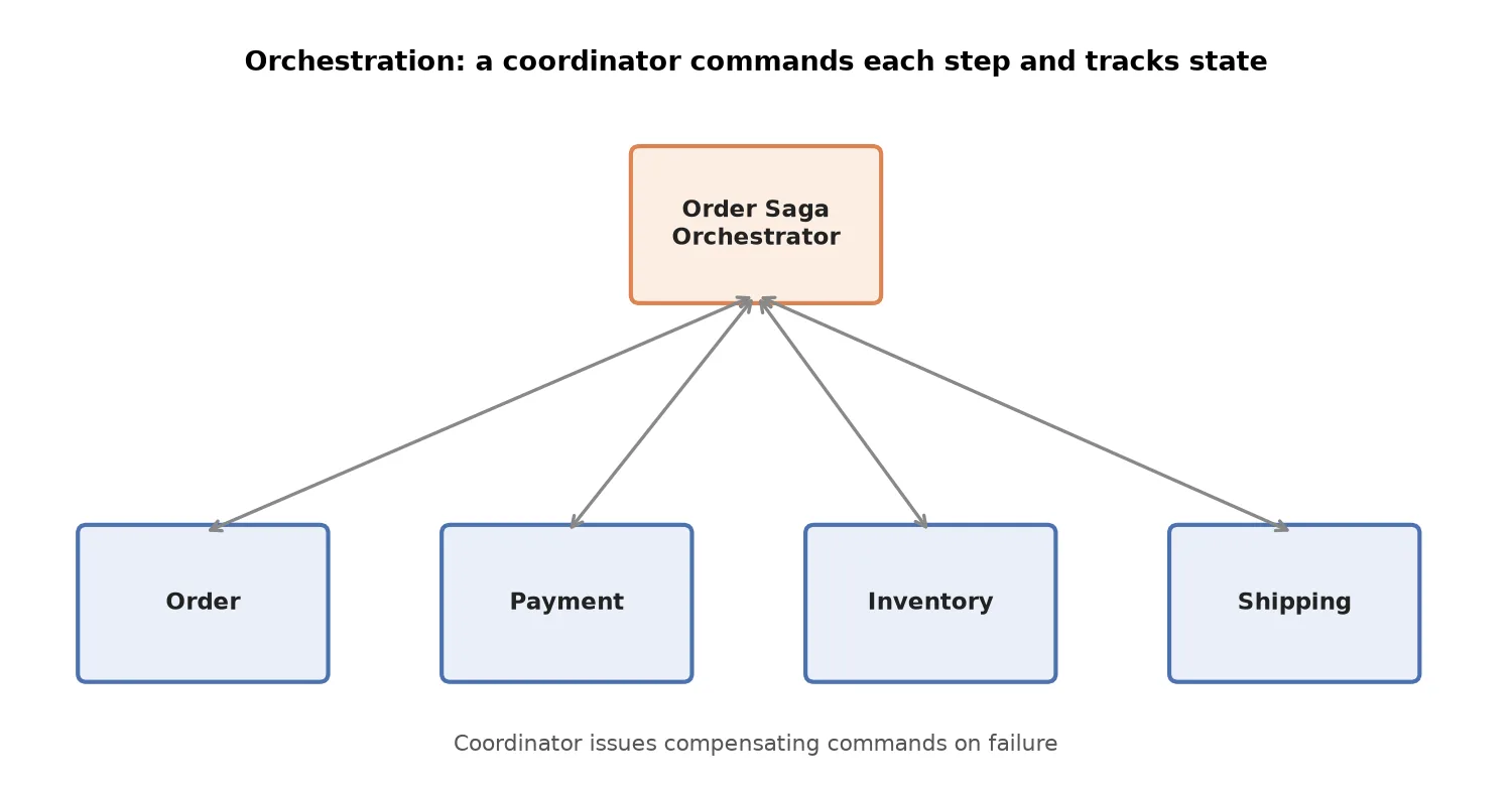 Diagram showing an orchestrator service coordinating Order, Payment, Inventory, and Shipping services, each communicating directly with the orchestrator rather than each other