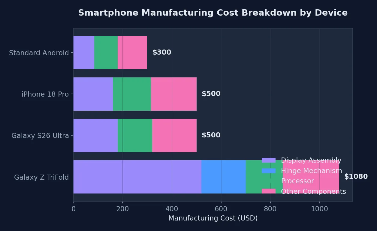 Horizontal bar chart comparing manufacturing costs between Galaxy Z TriFold and conventional smartphones