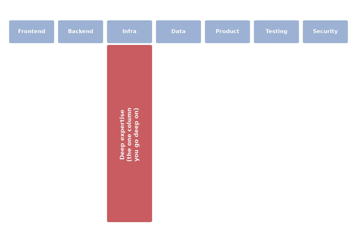 T-shape diagram: seven broad skill areas across the top (frontend, backend, infra, data, product, testing, security), with one deep column of expertise beneath infra
